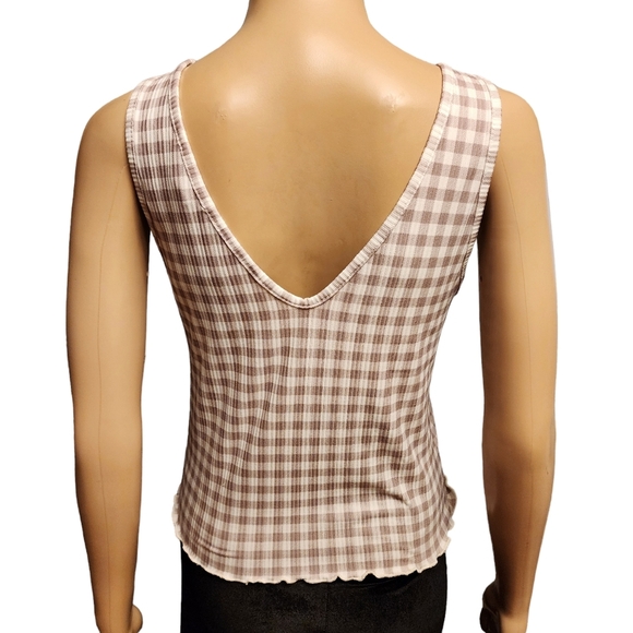 Gingham Pattern V-neck Crop Tank Top Fitted Size L - Picture 3 of 8